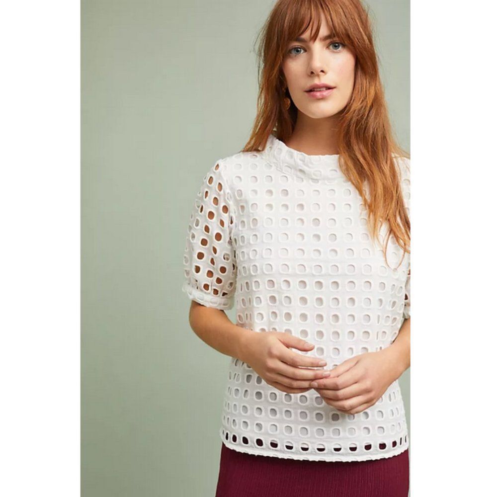 Wolven x Anthropologie Sz. 2 White Cotton Eudora Lined Eyelet Top Casual Chic